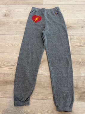Aviator Nation Gray Sweatpants with Red Heart and Yellow Lightning